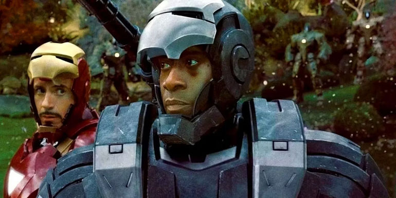 War Machine (Don Cheadle) and Iron Man (Robert Downey Jr.) back to back in Iron Man 2
