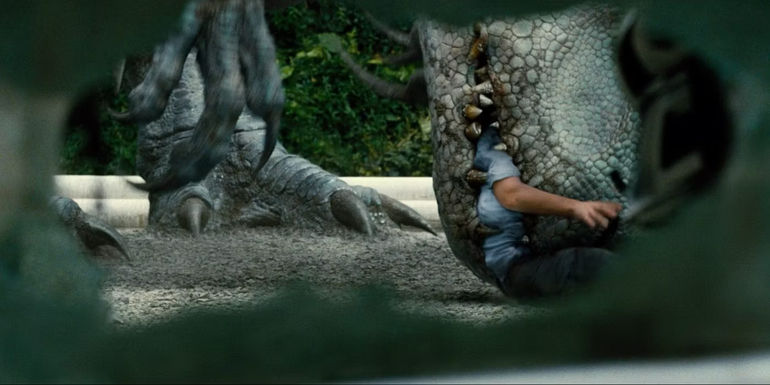 The Indominus Rex eats a man in Jurassic World