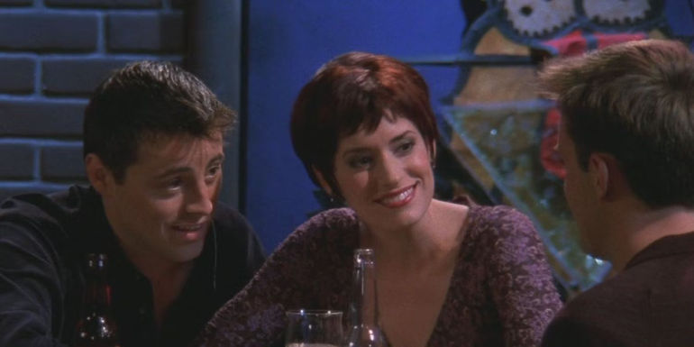 Matt LeBlanc as Joey, Matthew Perry as Chandler, and Paget Brewster as Kathy in Friends