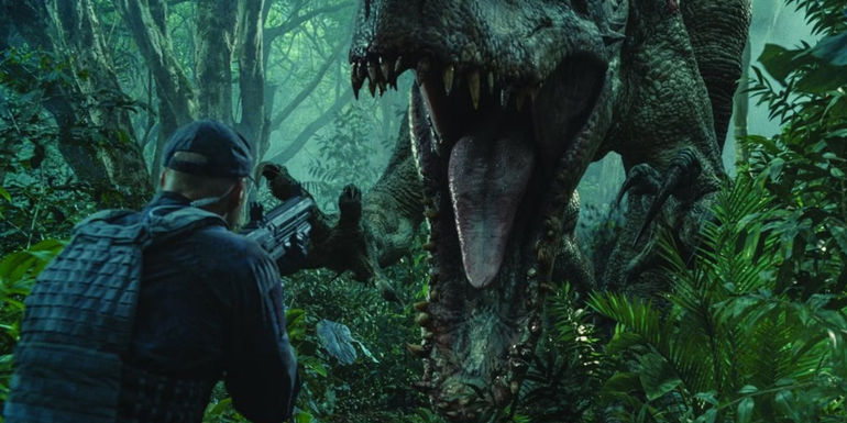 The Indominus Rex attacks a mercenary in Jurassic World