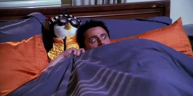 Joey hiding under a blanket with Hugsy in Friends
