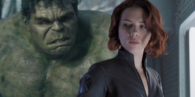 Mark Ruffalo as Hulk in Avengers: Age of Ultron and Scarlett Johannson as Black Widow in The Avengers (2012)