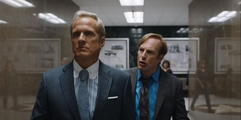 Patrick Fabian as Howard Hamlin and Bob Oedenkirk as Jimmy McGillSaul Goodman in Better Call Saul.