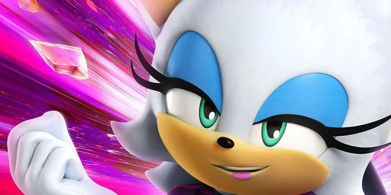This image shows a closeup of rouge the bat's face in Sonic the Hedgehog.