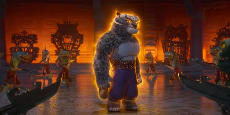 Tai Lung surrounded by an orange glow and enemies in Kung Fu Panda 4.