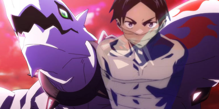 Yuuki Wakura chained in Chained Soldier next to a beast with sharp teeth.