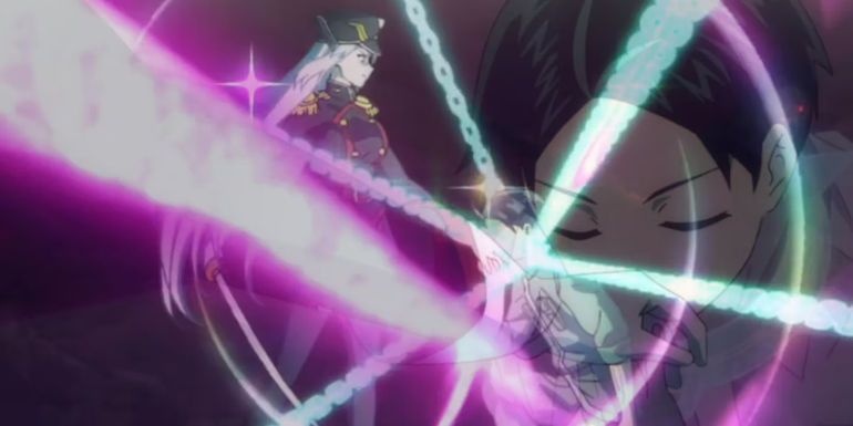 Yuuki Wakura kisses Kyouka Uzen hand in Chained Soldier