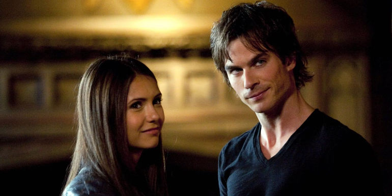 Ian Somerhalder as Damon Salvatore and Nina Dobrev as Elena Gilbert in The Vampire Diaries
