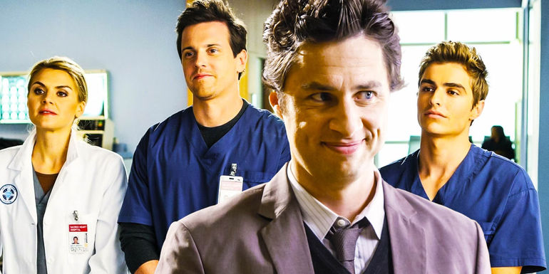 Composite image of Zach Braff as John J.D. Dorian with the rest of the new cast members for Scrubs season 9