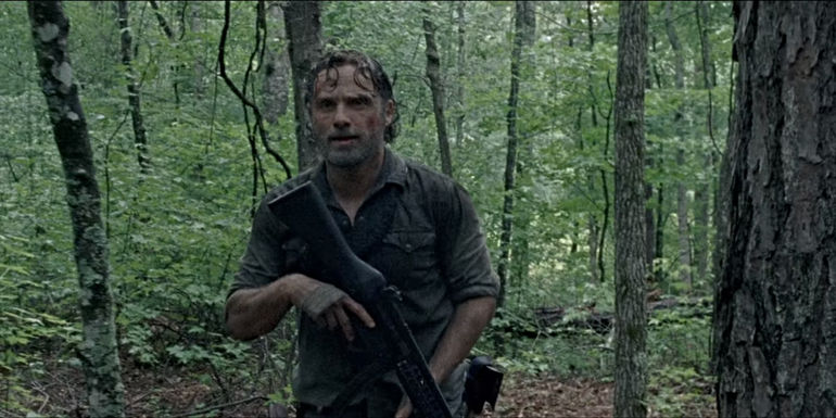 Andrew Lincoln as Rick Grimes in the forest in The Walking Dead