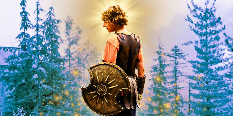 Walker Scobell as Percy Jackson holding a shield with a background featuring trees