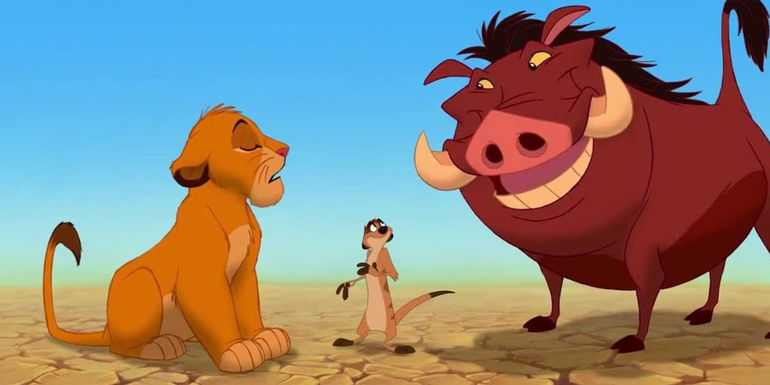 Simba with Closed Eyes Talking to Happy Timon and Pumbaa in The Lion King