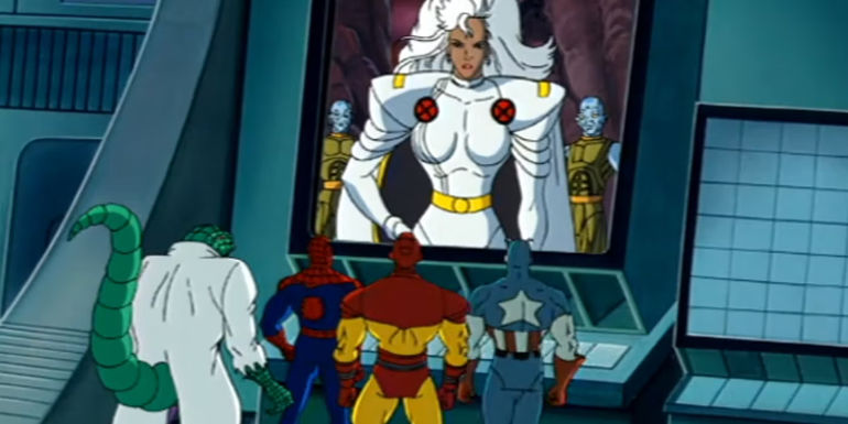 Storm on a screen talking to Spider-Man Lizard Captain America and Iron Man in Spider-Man The Animated Series