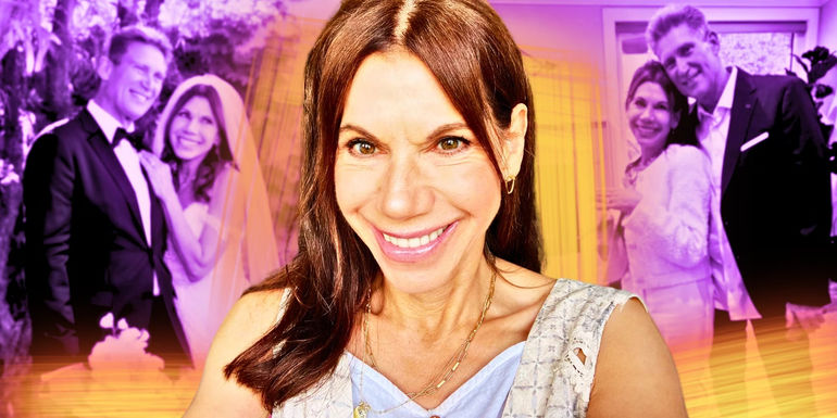 Golden Bachelor's Theresa Nist, with wedding shots of Theres and Gerry Turner behind her