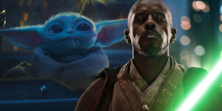 Kelleran Beq wielding his lightsaber and Grogu looking at the fireworks of Tatooine