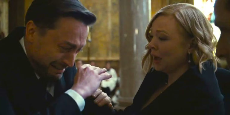 Kieran Culkin as Roman Roy breaking down at Logan's funeral in Succession