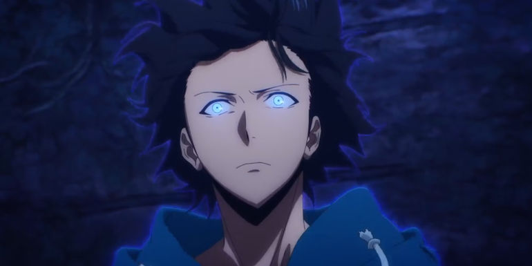 Sung Jinwoo with glowing blue eyes from Solo Leveling.