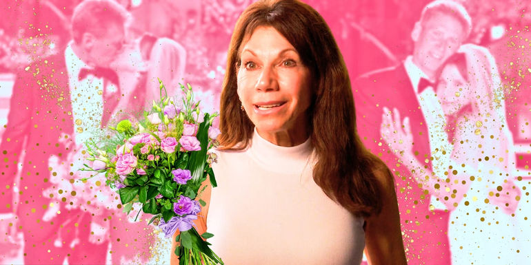 Theresa Nist from The Golden Bachelor with a bouquet and montage with Gerry