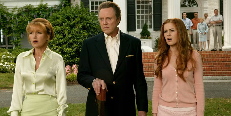 Christopher Walken, Jane Seymour and Isla Fischer looking shocked in Wedding Crashers