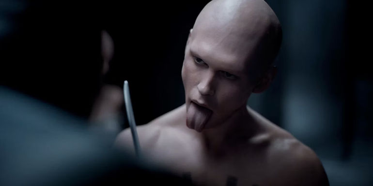 Feyd-Rautha (Austin Butler) with his tongue out in Dune: Part 2.