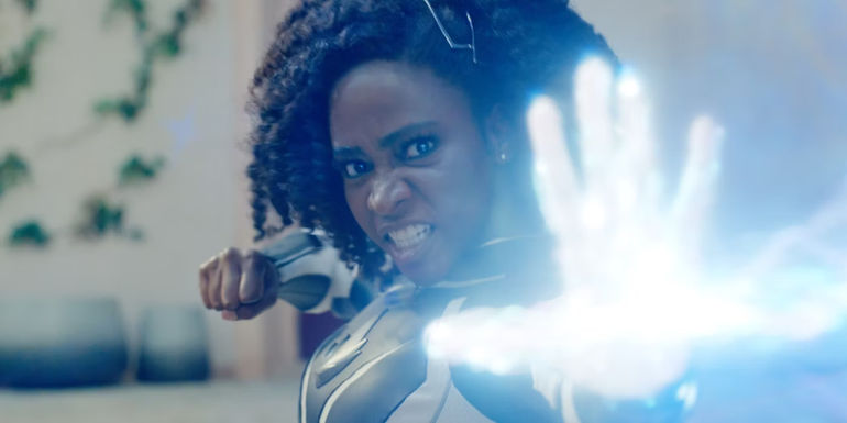 Teyonah Parris as Monica Rambeau shoots out an energy blast in The Marvels