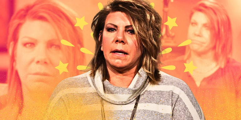 Sister Wives star Meri Brown in striped turtle neck sweater with stars graphics surrounding her and faded photos of her in the back