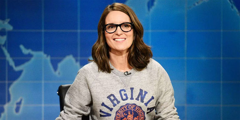 Tina Fey on Saturday Night Live behind the Weekend Update Desk