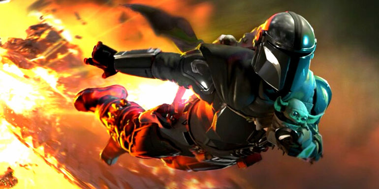 Din Djarin and Grogu fly away from an explosion in concept art for The Mandalorian & Grogu movie