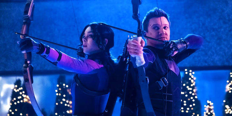 Kate Bishop and Clint Barton's Hawkeyes battling the Tracksuit Mafia in Hawkeye