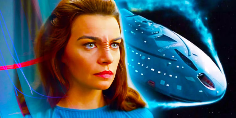 Seska (Martha Hackett), in her Bajoran disguise, looks off-screen with the USS Voyager in the background.