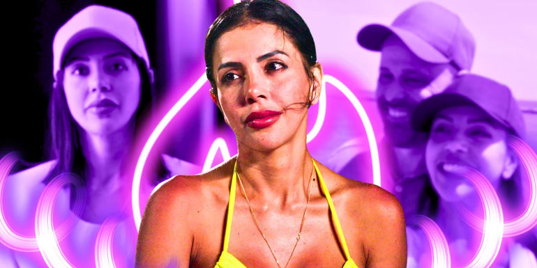 90 Day Fiancé star Jasmine Pineda looking sad, wearing a yellow strappy dress and photos of her with Gino in the back