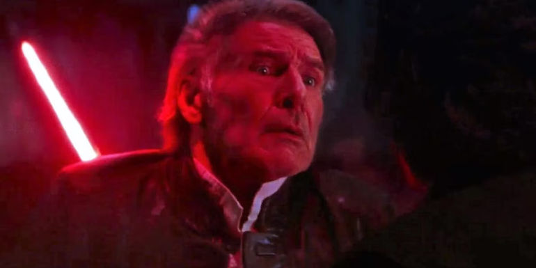 Harrison Ford's Han Solo reacts to getting impaled by a lightsaber in Star Wars: The Force Awakens.