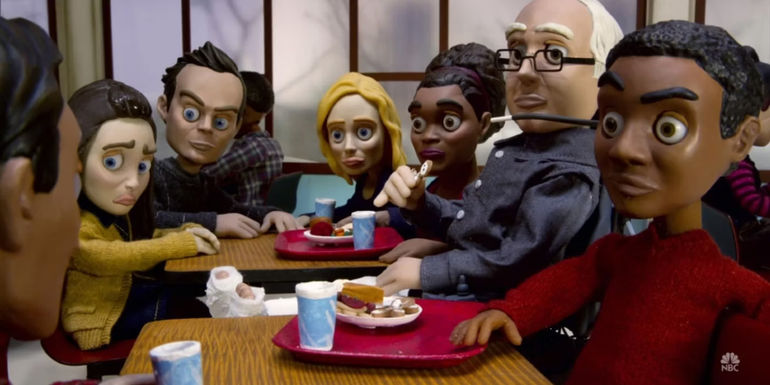 The Community gang in stop motion, sat in the cafeteria in the episode Abed's Uncontrollable Christmas