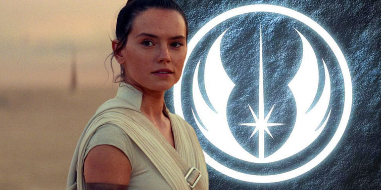 Rey Skywalker on Tatooine next to the symbol for the Jedi Order