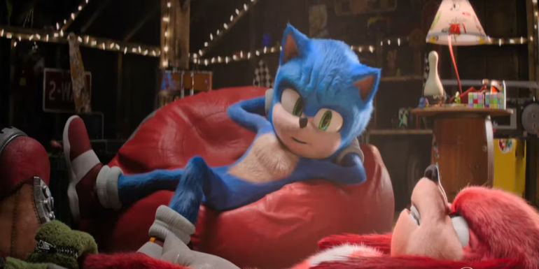 Sonic the Hedgehog relaxing next to Knuckles in the Knuckles spinoff show