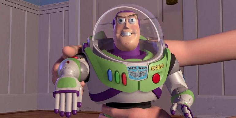 Buzz Lightyear in Toy Story aiming his laser at the screen