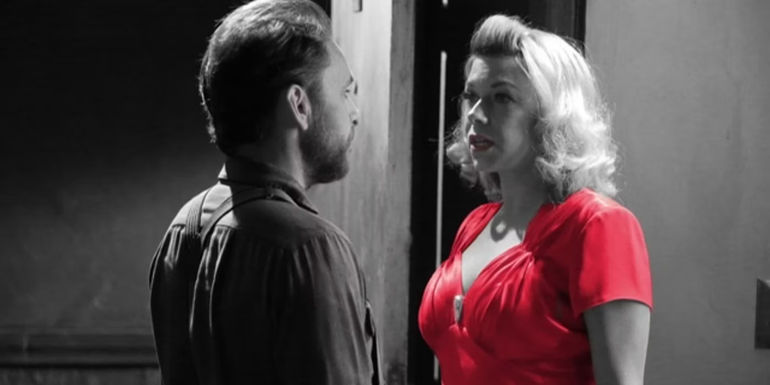 Charlie Kelly and the Waitress in the noir style episode The Janitor Always Mops Twice