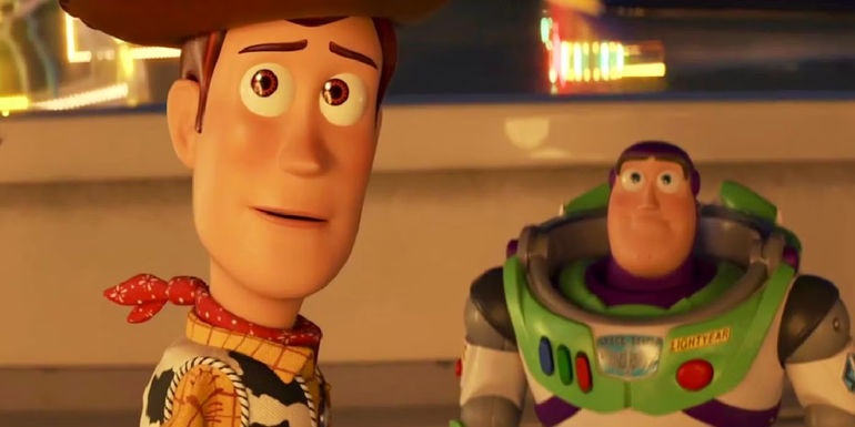 Woody and Buzz looking off in the distance in Toy Story 4.