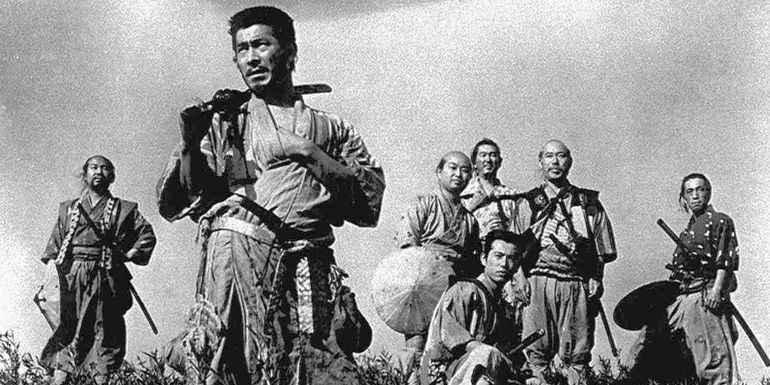 Takashi Shimura as Kambei Shimada, Yoshio Inaba as Gorōbei Katayama, Daisuke Katō as Shichirōji, Seiji Miyaguchi as Kyūzō, Minoru Chiaki as Heihachi Hayashida, Isao Kimura as Katsushirō Okamotoa, and Toshiro Mifune as Kikuchiyo in Seven Samurai