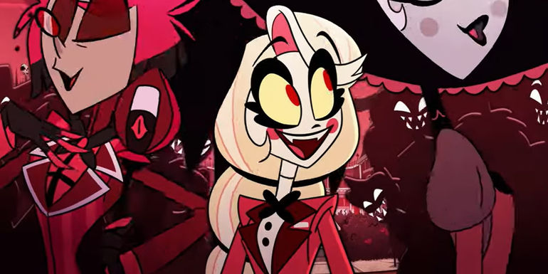 Charlie smiling as she is surrounded by sinners in Hazbin Hotel trailer