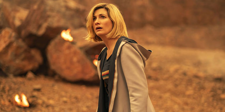 Jodie Whittaker looking scared as the Thirteenth Doctor in Doctor Who