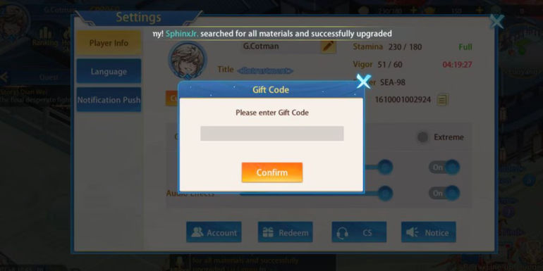 Mythic Samkok the codes tab