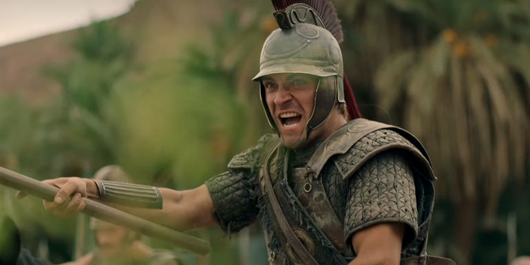 Alexander the Great holding his spear and yelling in Alexander: The Making of a God.