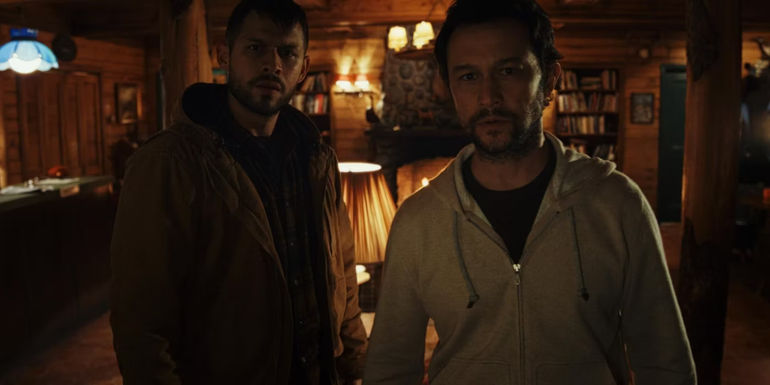 Trey (Joseph Gordon-Levitt) and Jimmy (David Castañeda) look worried in Poker Face