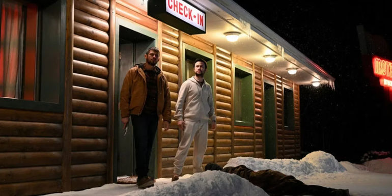 Trey (Joseph Gordon-Levitt) and Jimmy (David Castañeda) argue outside the motel in Poker Face