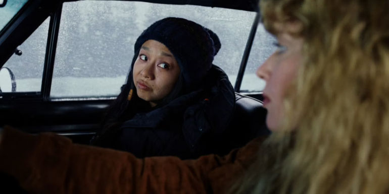 Charlie (Natasha Lyonne) and Morty (Stephanie Hsu) in a car in Poker Face
