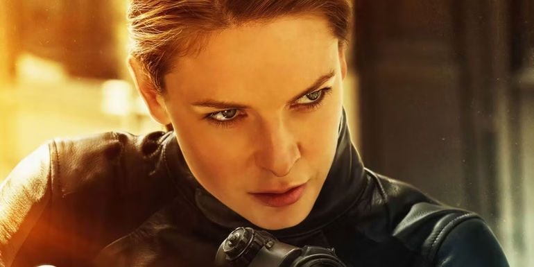 Rebecca Ferguson looking sideways while aiming a gun in Mission Impossible Dead Reckoning Part One