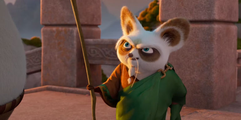 Shifu holding a walking stick and looking angry in Kung Fu Panda 4.