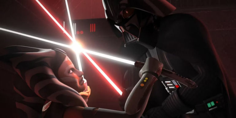 Ahsoka Tano clashing lightsabers with Darth Vader in Star Wars Rebels.