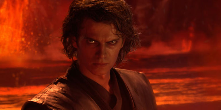 Anakin glares with a menacing expression while on Mustafar in Revenge of the Sith